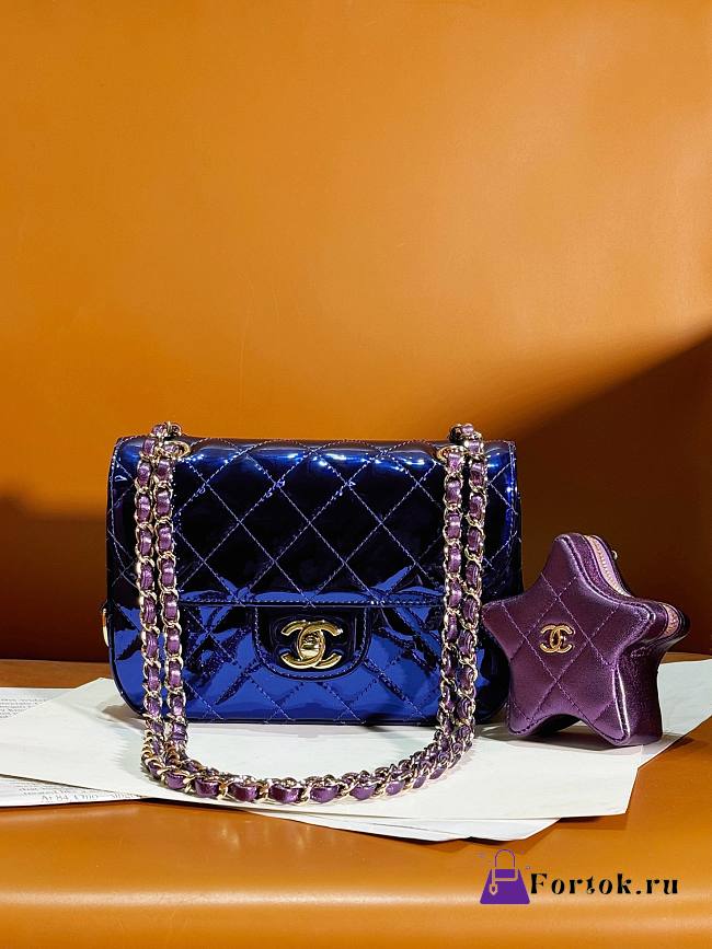 Fortok Chanel Mini Flap Bag & Purple Star Coin Purse Blue Metallic Calfskin & Gold-Tone Metal - 1