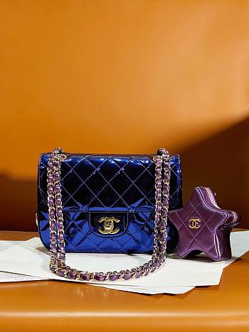 Fortok Chanel Mini Flap Bag & Purple Star Coin Purse Blue Metallic Calfskin & Gold-Tone Metal