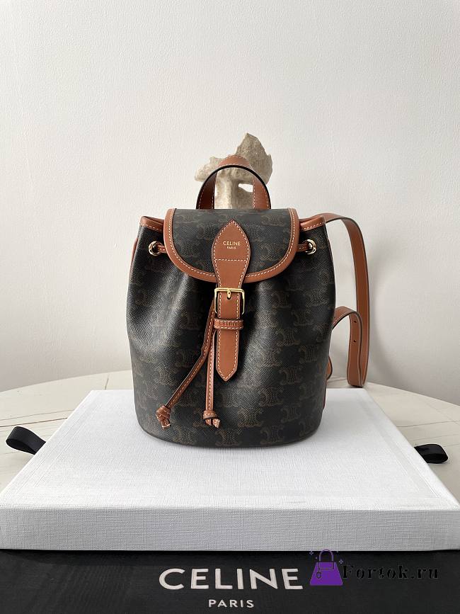 Fortok Celine Backpack Folco Mini Triomphe Canvas And Calfskin Tan 197662 17×20×10cm  - 1