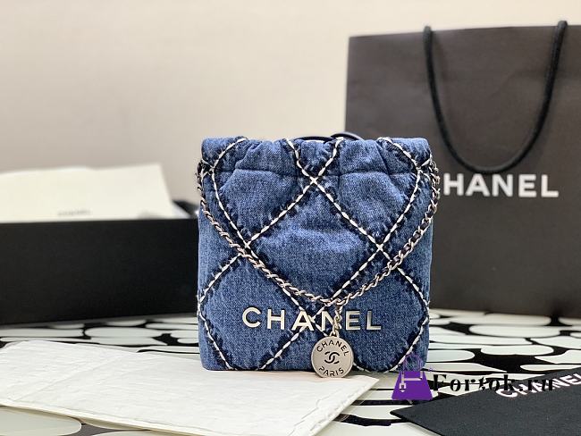 Fortok Chanel Bag Quilted Denim & Silver Metallic Blue 19x20x6cm - 1