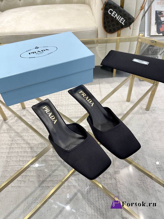 Fortok Prada Black Square-toe Satin Mules - 1