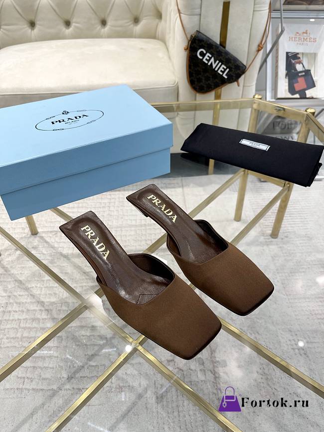 Fortok Prada Brown Square-toe Satin Mules - 1