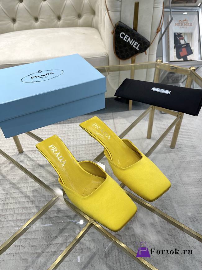 Fortok Prada Yellow Square-toe Satin Mules - 1