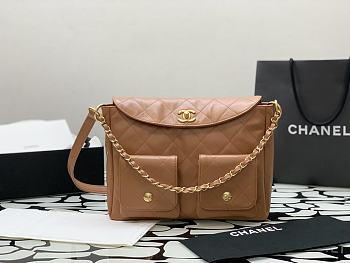 Fortok Chanel Hobo Bag Glossy Calfskin & Gold-Tone Metal Brown 21.5×30×5cm