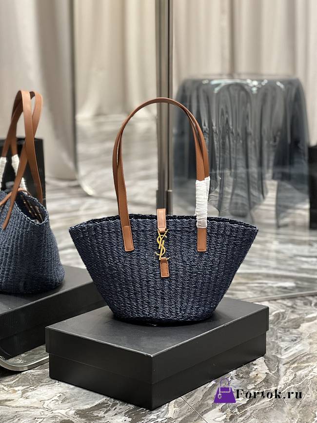 Fortok Saint Laurent Panier Medium Bag In Raffia Navy Blue 685618 42×20×22cm - 1