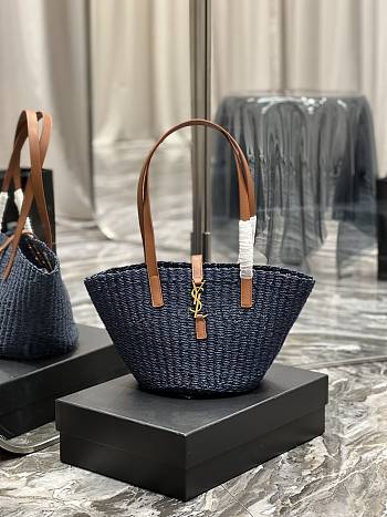 Fortok Saint Laurent Panier Medium Bag In Raffia Navy Blue 685618 42×20×22cm