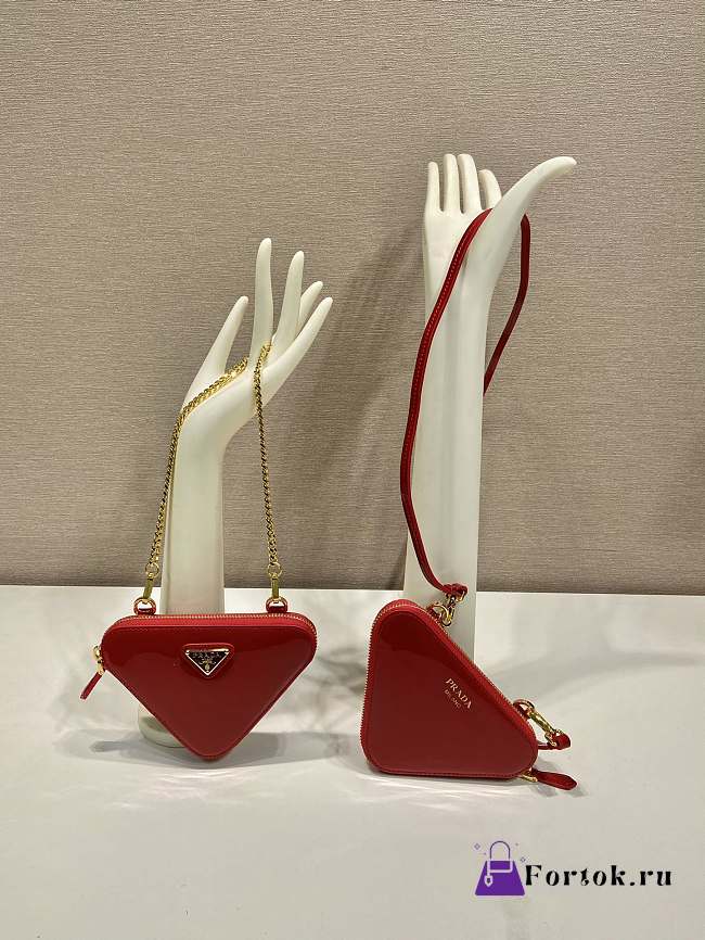 Fortok Prada Triangle Patent Leather Bag Red 15x10x5cm - 1