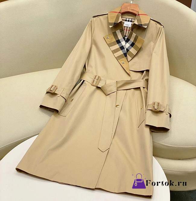 Fortok Burberry Check Panel Cotton Gabardine Trench Coat in Beige/Black - 1