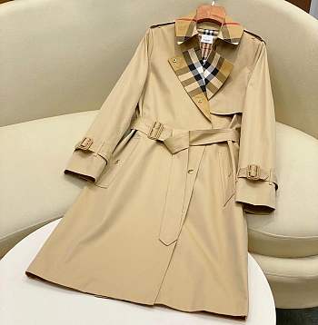 Fortok Burberry Check Panel Cotton Gabardine Trench Coat in Beige/Black