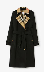 Fortok Burberry Check Panel Cotton Gabardine Trench Coat in Beige/Black - 2