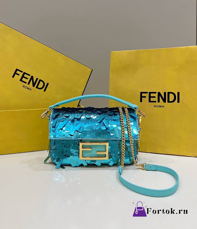 Fortok Fendi Mini Baguette Blue Sequin and Leather Bag 19x5x11cm - 1