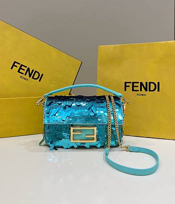 Fortok Fendi Mini Baguette Blue Sequin and Leather Bag 19x5x11cm