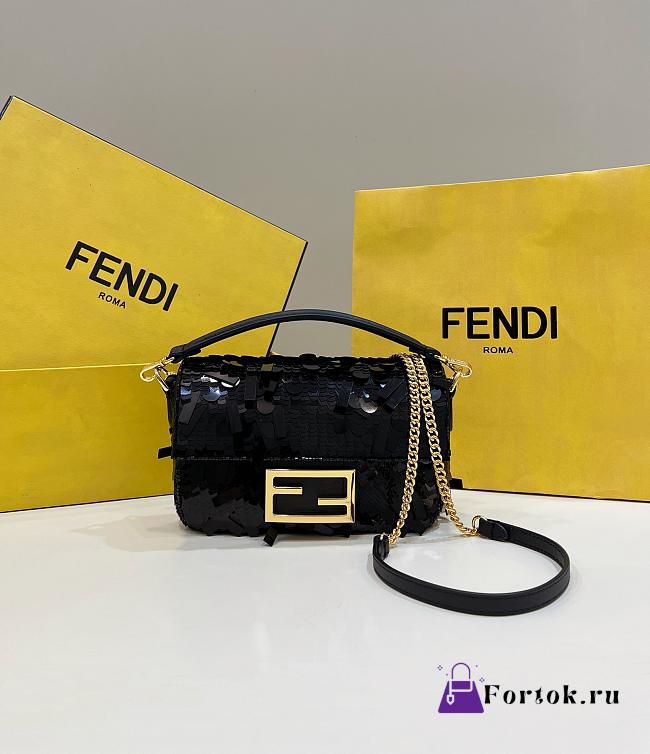 Fortok Fendi Mini Baguette Black Sequin and Leather Bag 19x5x11cm - 1