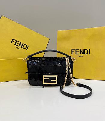 Fortok Fendi Mini Baguette Black Sequin and Leather Bag 19x5x11cm