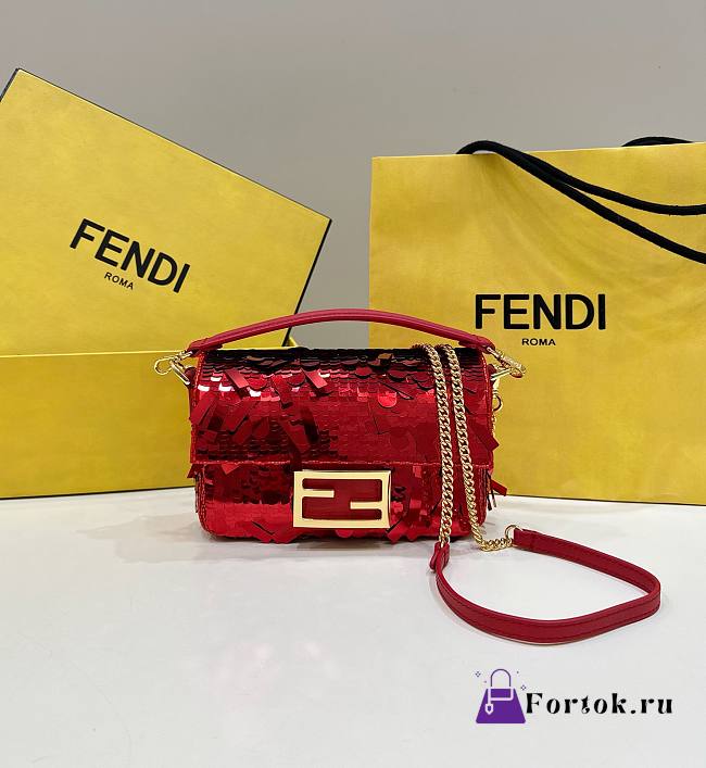 Fortok Fendi Mini Baguette Red Sequin and Leather Bag 19x5x11cm - 1