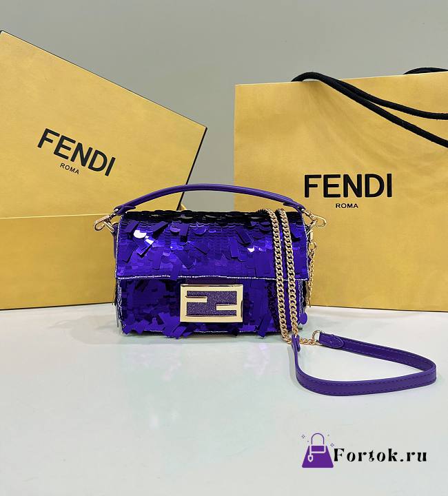 Fortok Fendi Mini Baguette Dark Purple Sequin and Leather Bag 19x5x11cm - 1