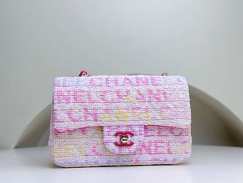 Fortok Chanel Tweed Quilted Mini Rectangular Flap Bag Pink Multicolor 20x10x7cm