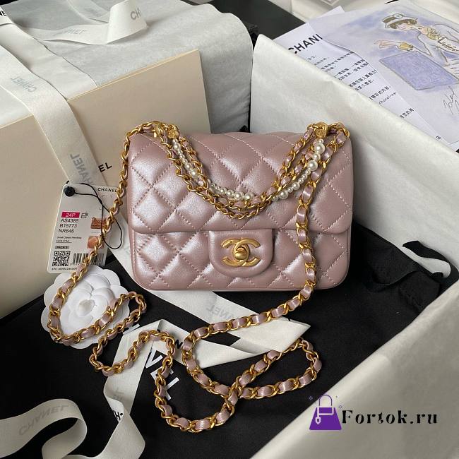 Fortok Chanel Mini Flap Bag Pink Shiny Lambskin Pearls & Gold-Tone Metal 12.5x17x5cm - 1