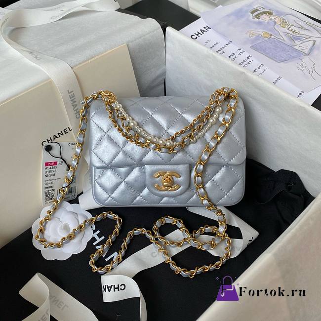 Fortok Chanel Mini Flap Bag Silver Shiny Lambskin Pearls & Gold-Tone Metal 12.5x17x5cm - 1