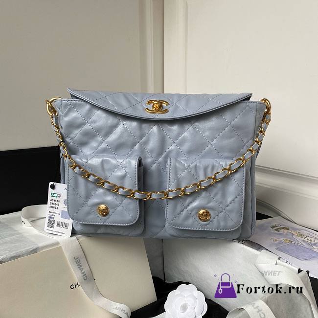 Fortok Chanel Hobo Bag Glossy Calfskin & Gold-Tone Metal Silver 21.5×30×5cm - 1