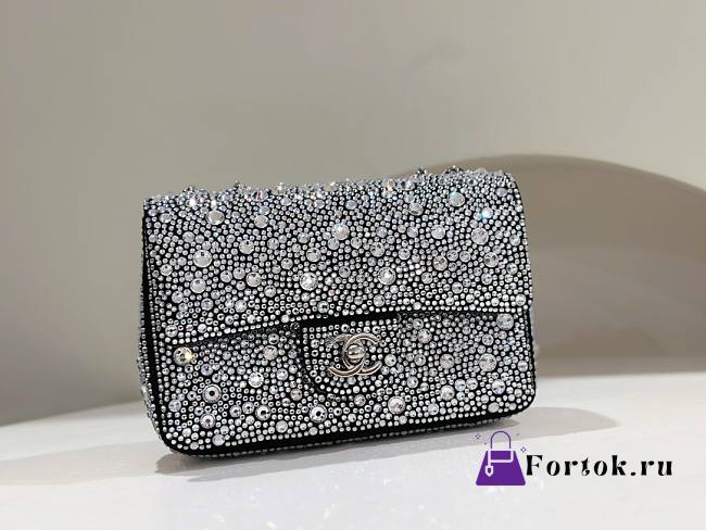Fortok Chanel Mini Flap Bag Satin, Strass & Silver-Tone Metal Silver Bag 13×20×6cm - 1