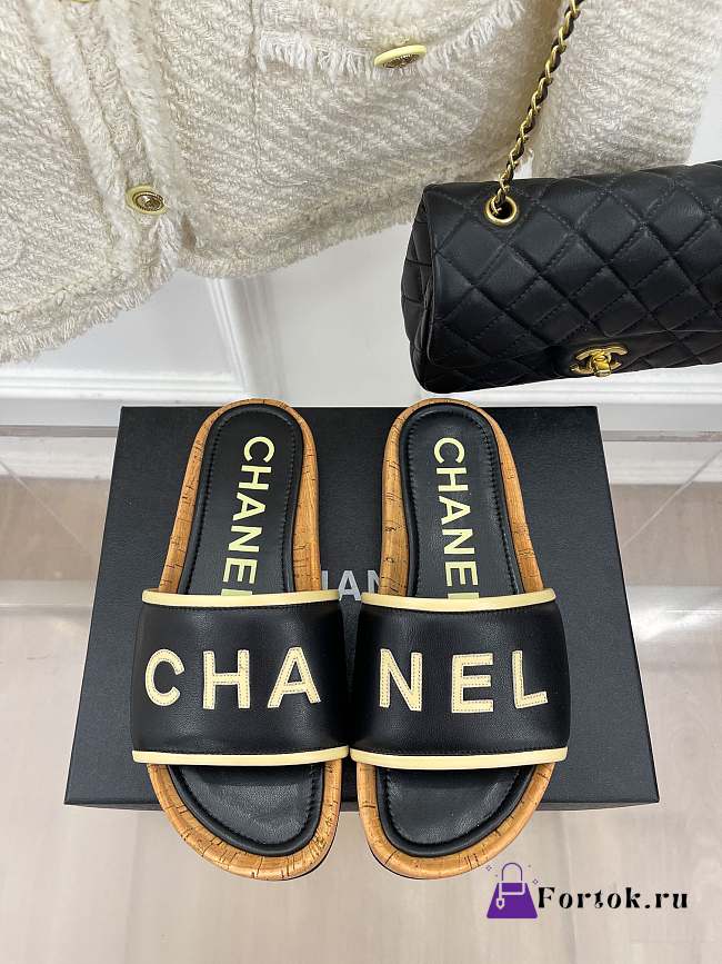 Fortok Chanel Cork Soles Slides Black - 1