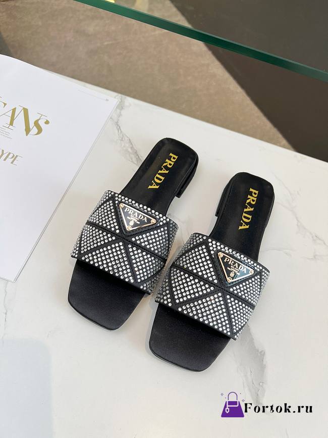 Fortok Prada Satin Crystal Sandals Black - 1