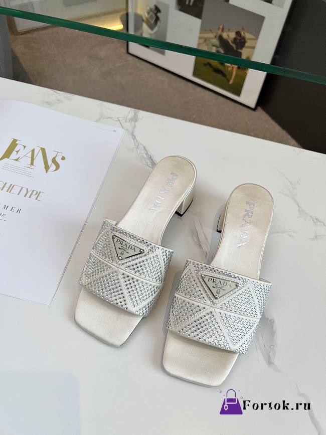 Fortok Prada Satin Crystal Sandals White - 1