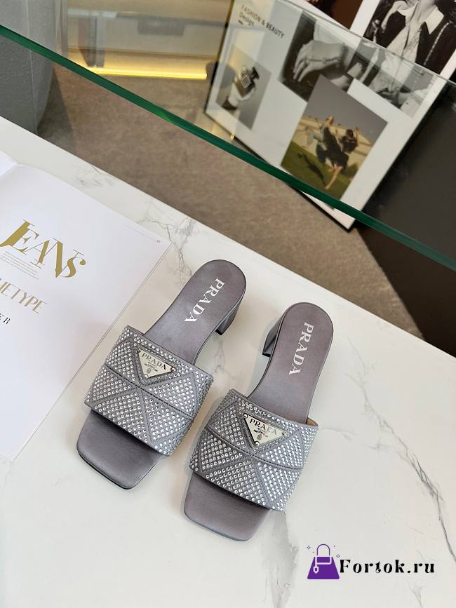 Fortok Prada Satin Crystal Sandals Grey - 1