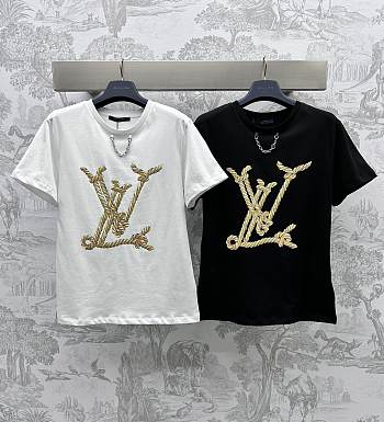 Fortok Louis Vuitton Printed Chain Round Neck T Shirt White/Black