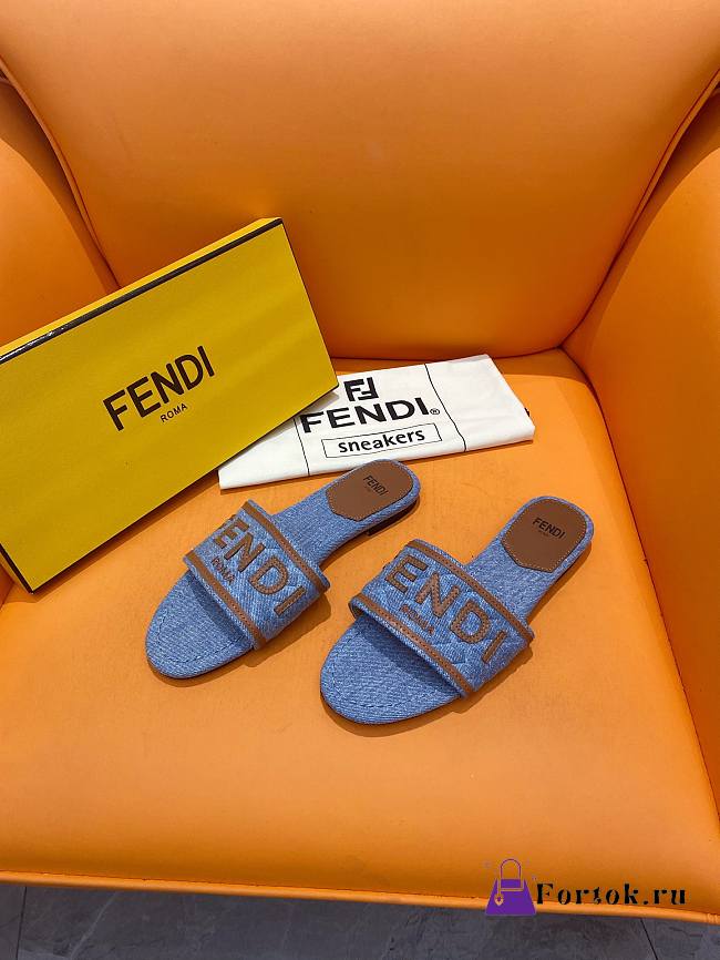 Fortok Fendi Signature Embroidered-logo Slides Denim blue & Brown - 1
