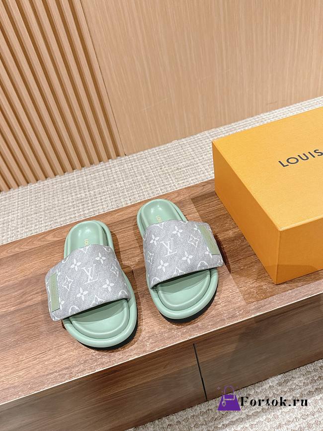 Fortok Louis Vuitton Pool Pillow Flat Comfort Mules Green & Grey - 1