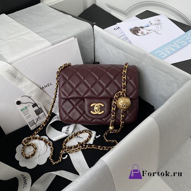 Fortok Chanel Mini Flap Bag With Pearl Burgundy 17cm - 1