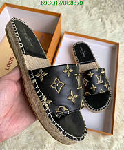 Fortok Louis Vuitton Monogram Espadrilles Black/Gold Logo Slides - 3