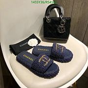 Fortok Chanel Raffia CC Logo Slip On Espadrille Sandals Blue Navy - 5