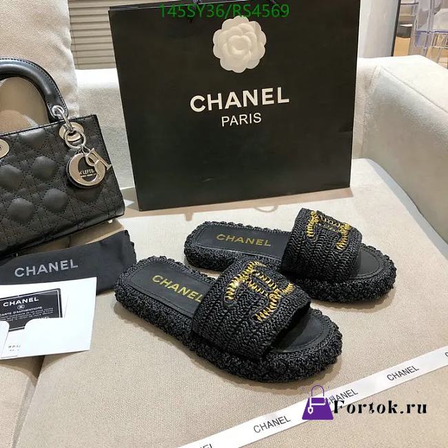Fortok Chanel Raffia CC Logo Slip On Espadrille Sandals Black - 1