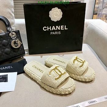 Fortok Chanel Raffia CC Logo Slip On Espadrille Sandals Cream