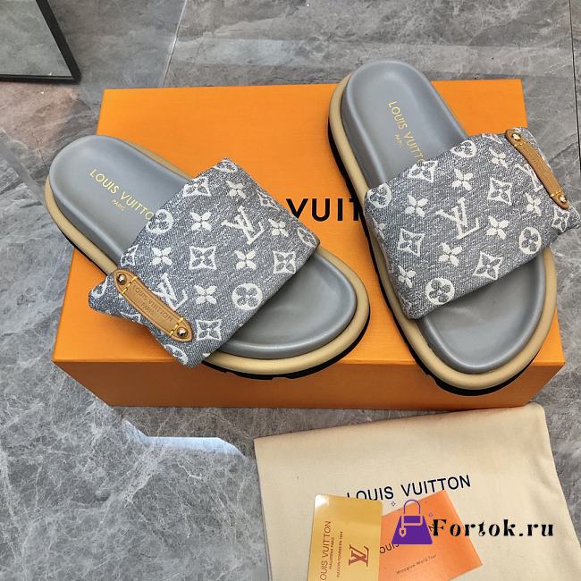 Fortok Louis Vuitton Pool Pillow Flat Comfort Mules Denim Grey - 1