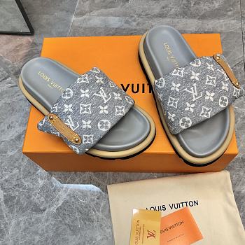 Fortok Louis Vuitton Pool Pillow Flat Comfort Mules Denim Grey