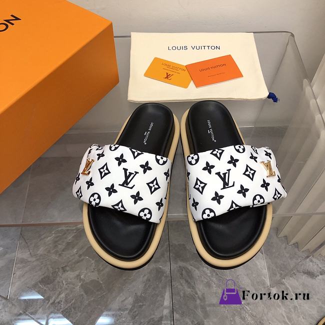 Fortok Louis Vuitton Pool Pillow Flat Comfort Mules White & Black - 1