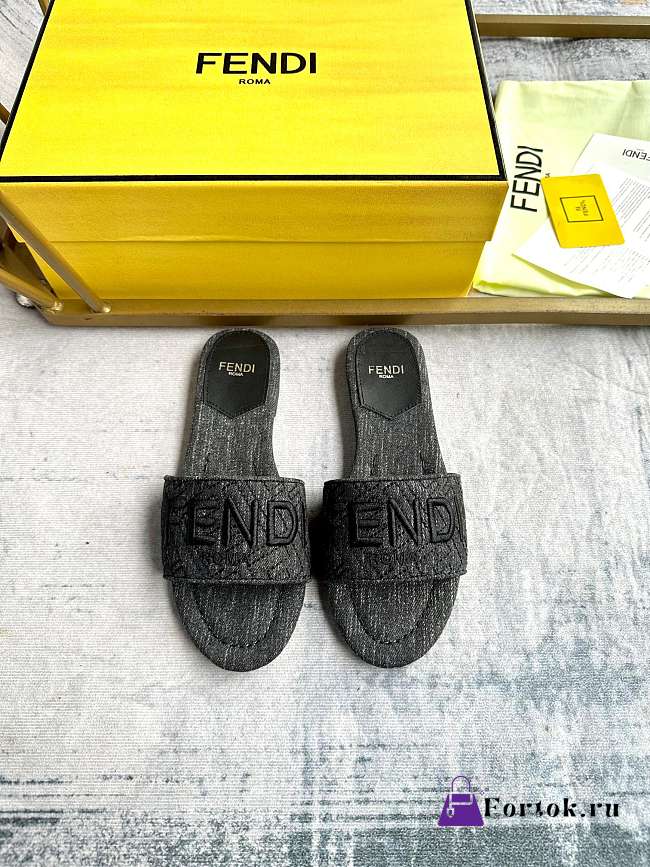 Fortok Fendi Denim Logo Slide Sandals in Black - 1
