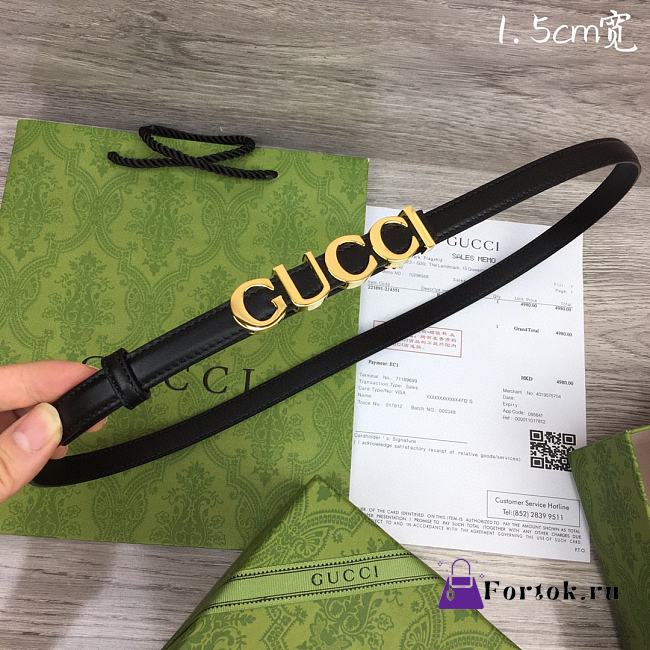 Fortok Gucci GG Letter Mini Belt In Black With Gold Buckle  - 1