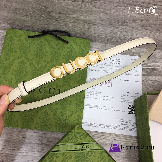 Fortok Gucci GG Letter Mini Belt In White With Gold Buckle - 1