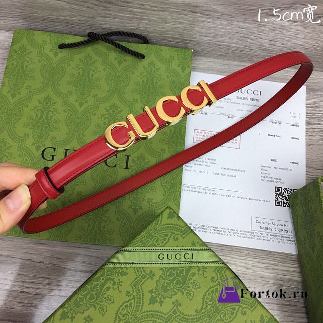 Fortok Gucci GG Letter Mini Belt In Red With Gold Buckle - 1