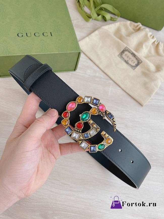 Fortok Gucci Black Calfskin Leather Belt With Multicolor Copper Buckle - 1