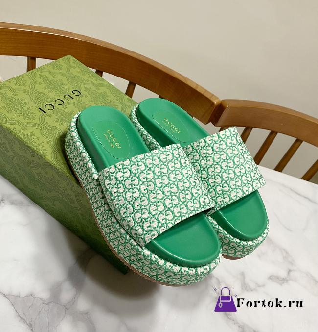 Fortok Gucci GG Platform Slide Sandal Ivory Green Canvas Jacquard - 1