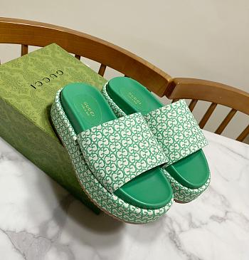 Fortok Gucci GG Platform Slide Sandal Ivory Green Canvas Jacquard