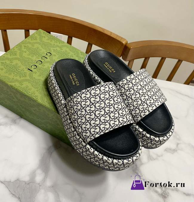Fortok Gucci GG Platform Slide Sandal Black Canvas Jacquard - 1