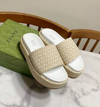 Fortok Gucci GG Platform Slide Sandal Beige Canvas Jacquard