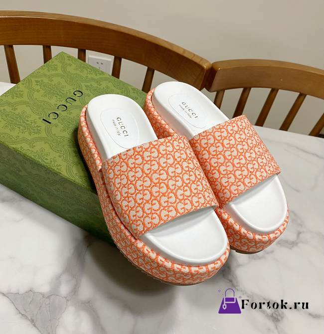 Fortok Gucci GG Platform Slide Sandal Orange Canvas Jacquard - 1